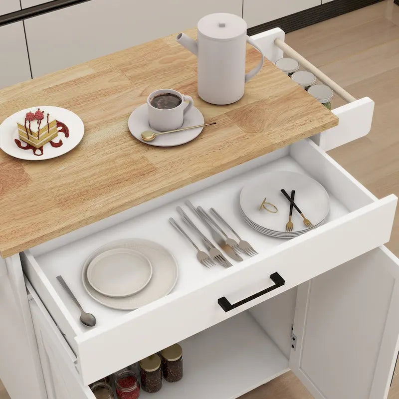 Desserte de cuisine en bois d'hévéa blanc avec étagères réglables et porte-serviettes