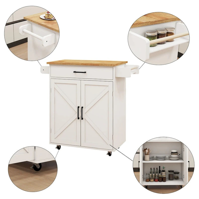 Desserte de cuisine en bois d'hévéa blanc avec étagères réglables et porte-serviettes