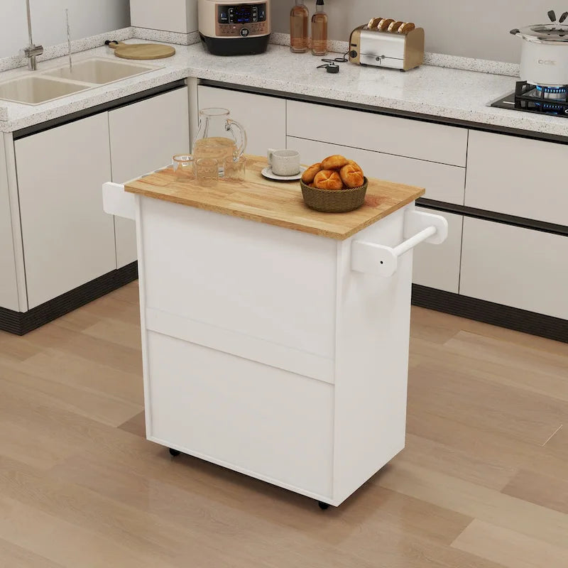 Desserte de cuisine en bois d'hévéa blanc avec étagères réglables et porte-serviettes
