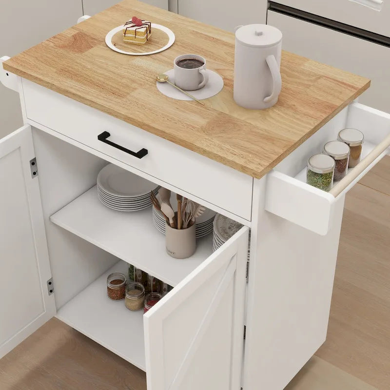 Desserte de cuisine en bois d'hévéa blanc avec étagères réglables et porte-serviettes