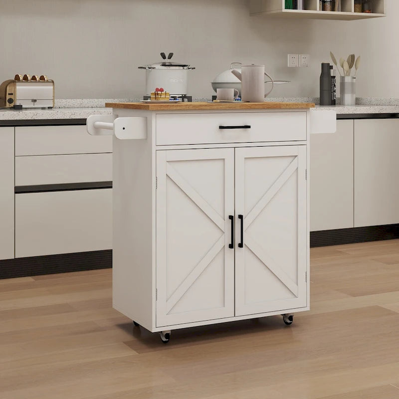 Desserte de cuisine en bois d'hévéa blanc avec étagères réglables et porte-serviettes