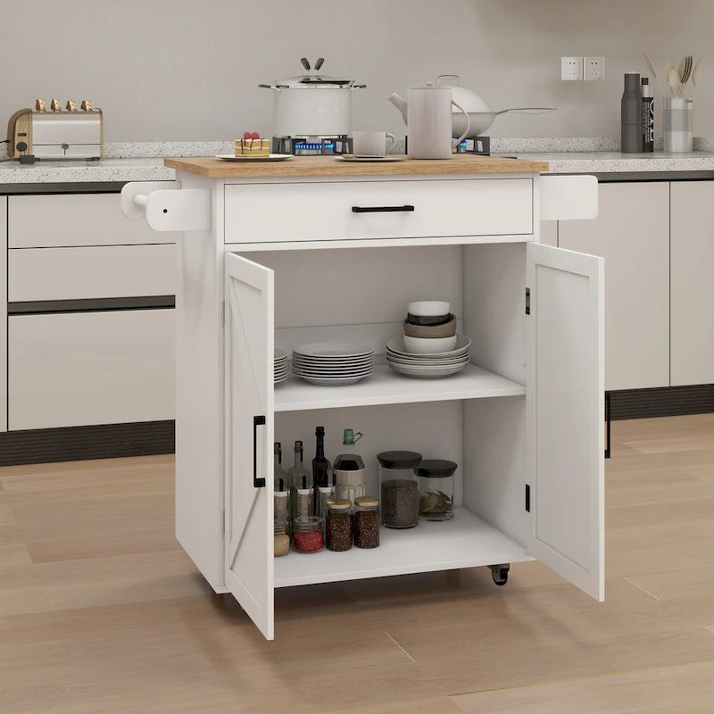 Desserte de cuisine en bois d'hévéa blanc avec étagères réglables et porte-serviettes
