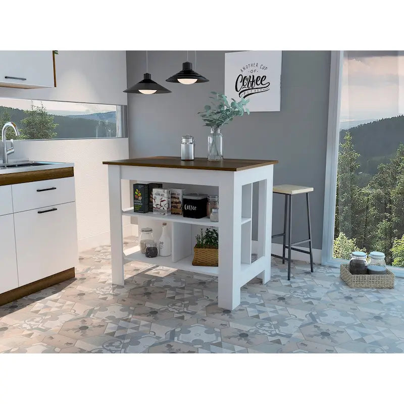 Îlot de cuisine 3 étagères blanc et noyer