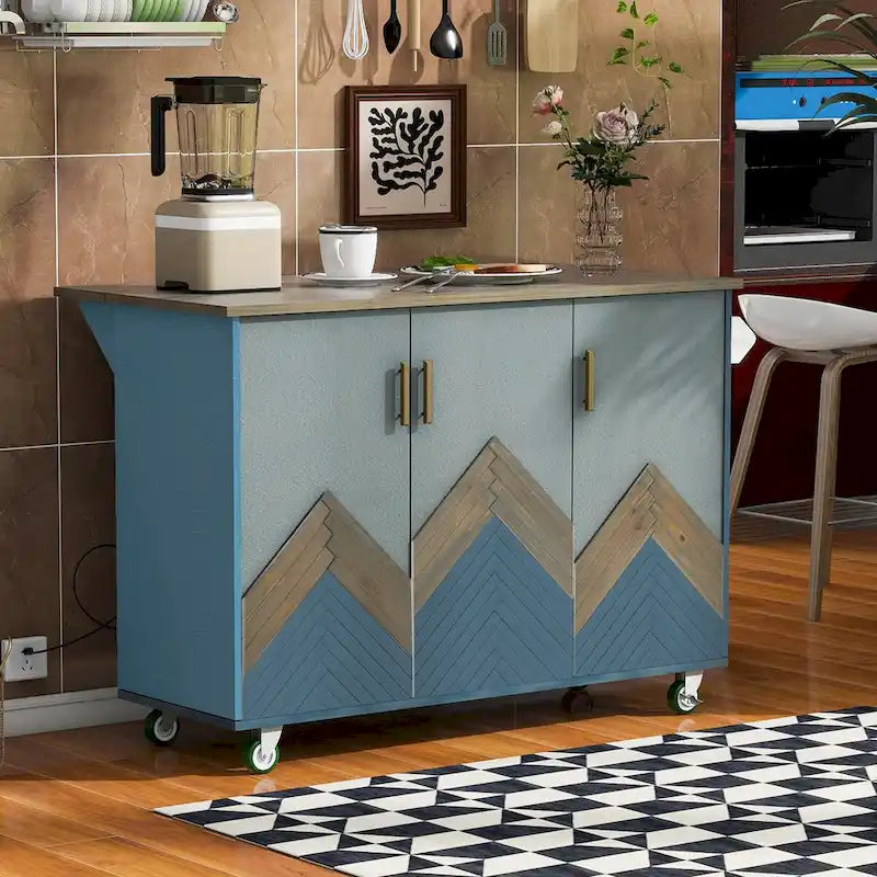 51.6 in. W Farmhouse Kitchen Island with Drop Leaf, Internal Storage Rack and Three Doors