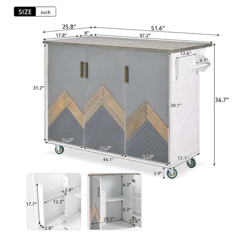 Îlot de cuisine de 131,06 cm (L) de style ferme avec abattant, étagère de rangement interne et trois portes