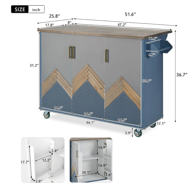Îlot de cuisine de 131,06 cm (L) de style ferme avec abattant, étagère de rangement interne et trois portes