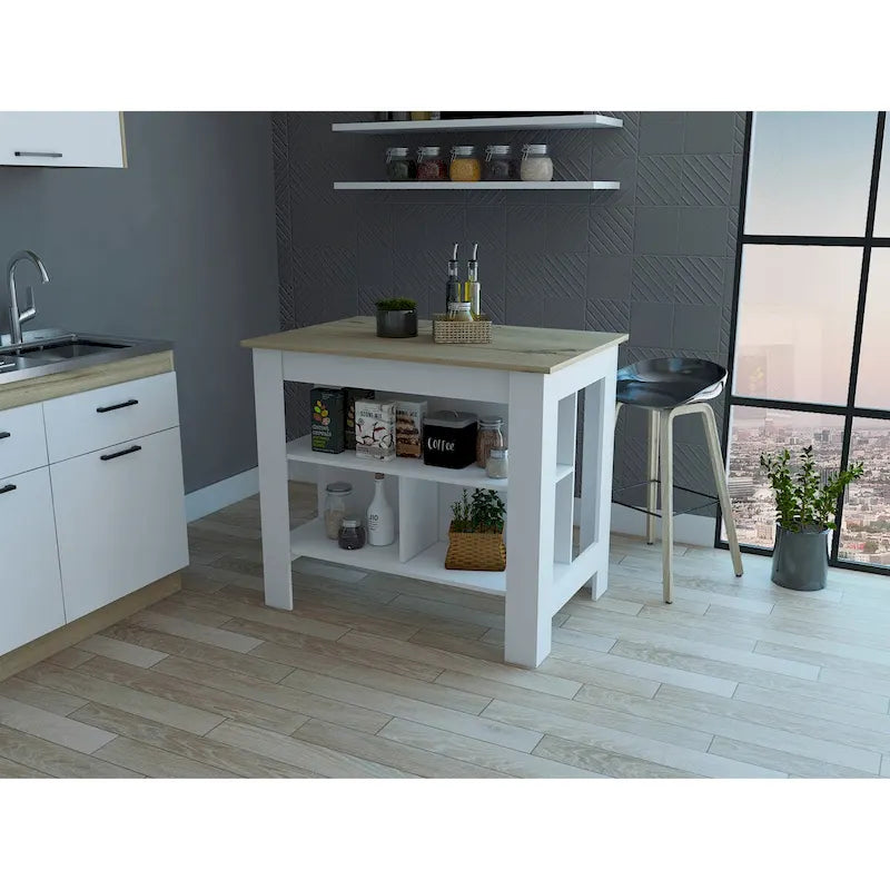 Îlot de cuisine à 3 étagères Blanc et chêne clair