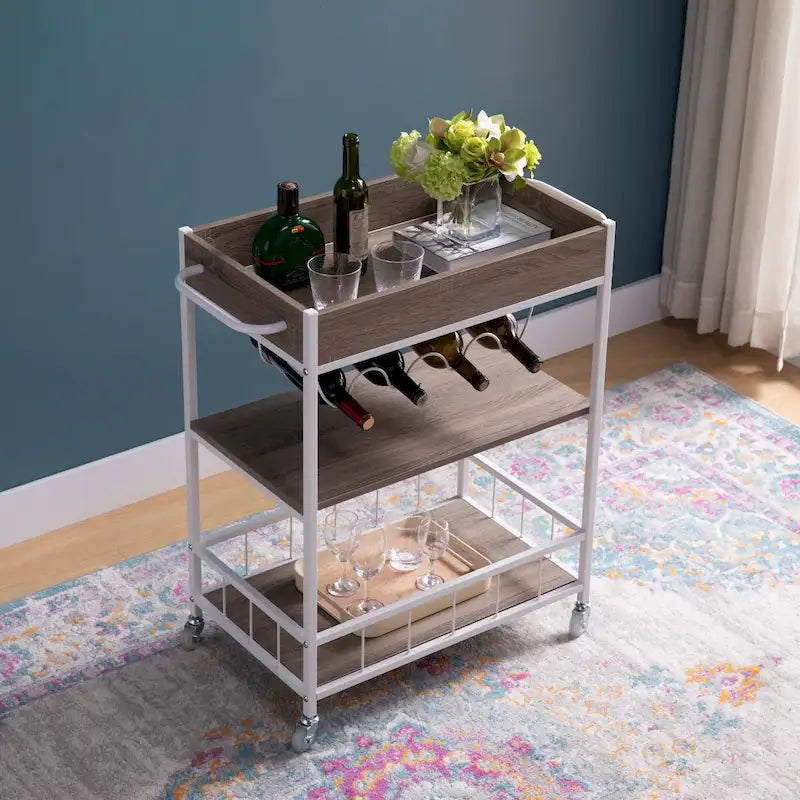 Chariot de cuisine roulant avec trois niveaux de rangement et un casier à quatre bouteilles de vin