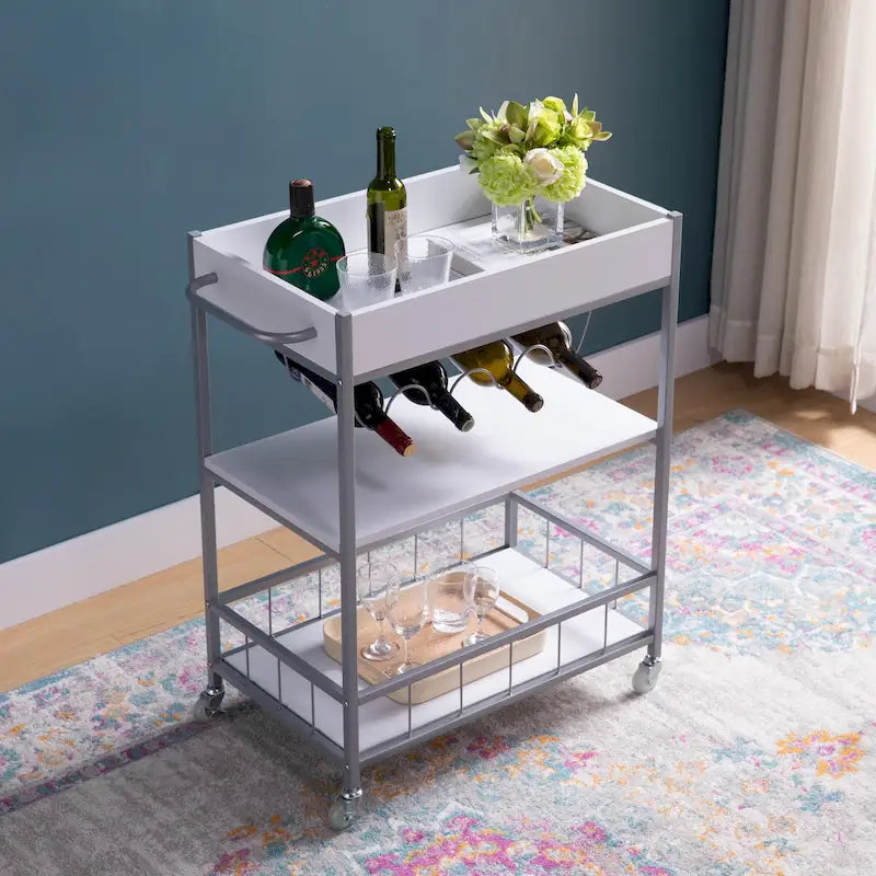 Chariot de cuisine roulant avec trois niveaux de rangement et un casier à quatre bouteilles de vin