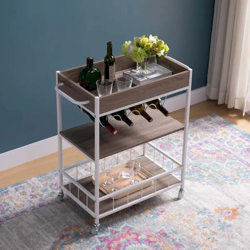 Chariot de cuisine roulant avec trois niveaux de rangement et un casier à quatre bouteilles de vin
