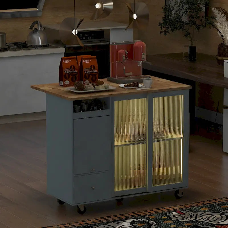 Dessert de cuisine avec abattant, lumière LED, portes en verre cannelé, étagère réglable et 2 tiroirs