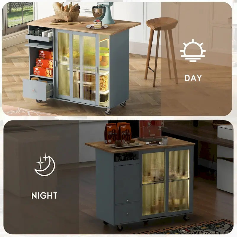 Dessert de cuisine avec abattant, lumière LED, portes en verre cannelé, étagère réglable et 2 tiroirs