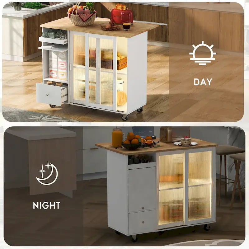 Dessert de cuisine avec abattant, lumière LED, portes en verre cannelé, étagère réglable et 2 tiroirs