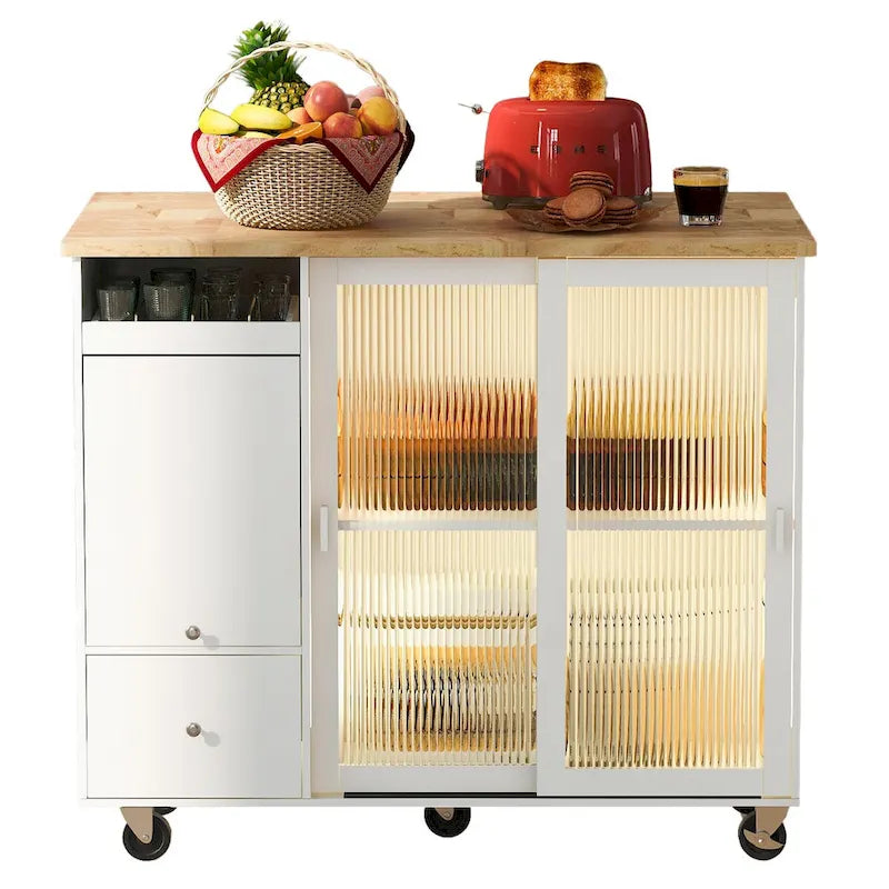 Dessert de cuisine avec abattant, lumière LED, portes en verre cannelé, étagère réglable et 2 tiroirs