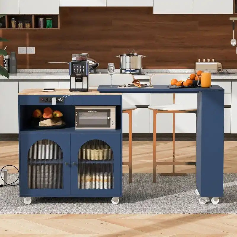 Îlot de cuisine roulant avec table extensible, lumières LED, prises de courant et 2 portes en verre cannelé