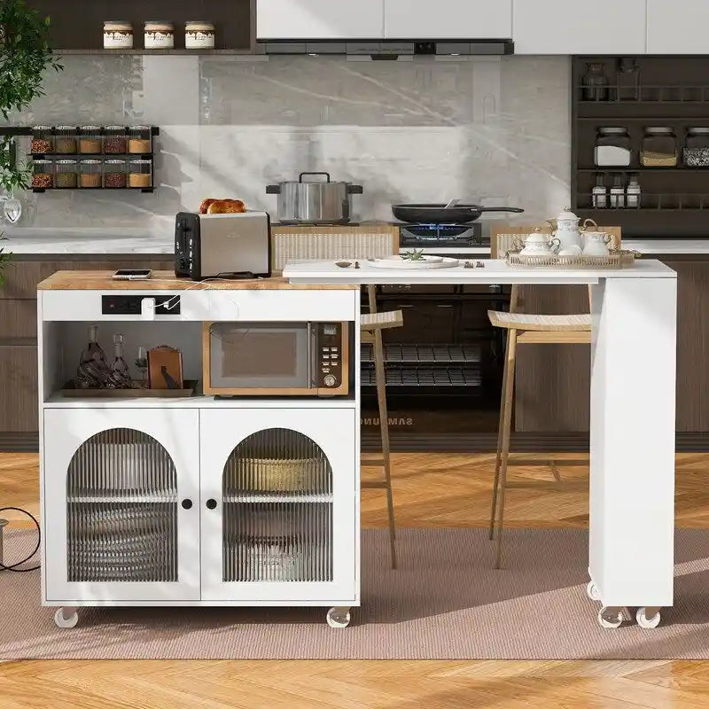 Rolling Kitchen Island on Wheels With Extended Table,LED Lights,Power Outlets and 2 Fluted Glass Doors