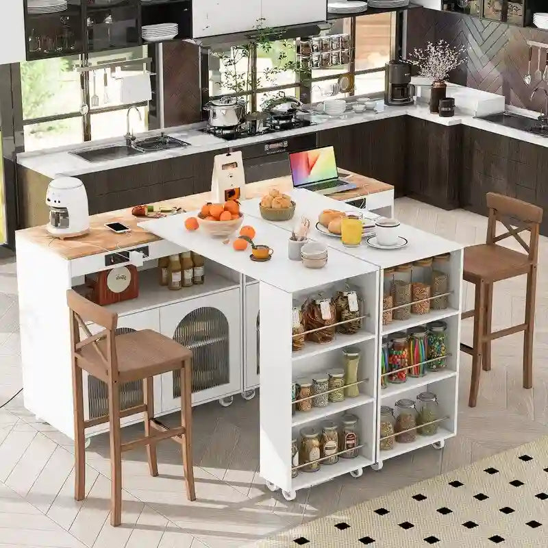 Îlot de cuisine roulant avec table extensible, lumières LED, prises de courant et 2 portes en verre cannelé