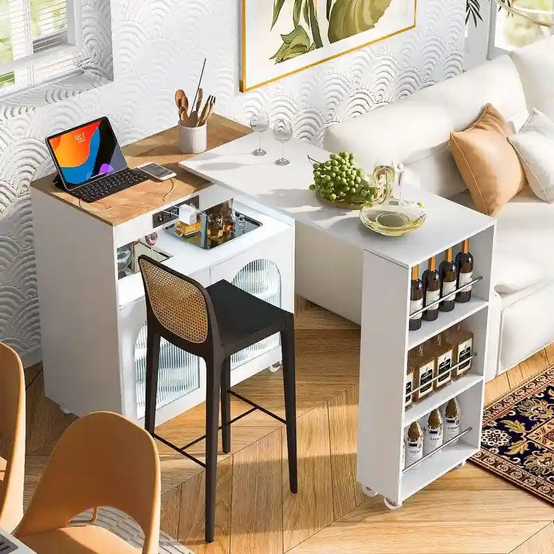 Îlot de cuisine roulant avec table extensible, lumières LED, prises de courant et 2 portes en verre cannelé