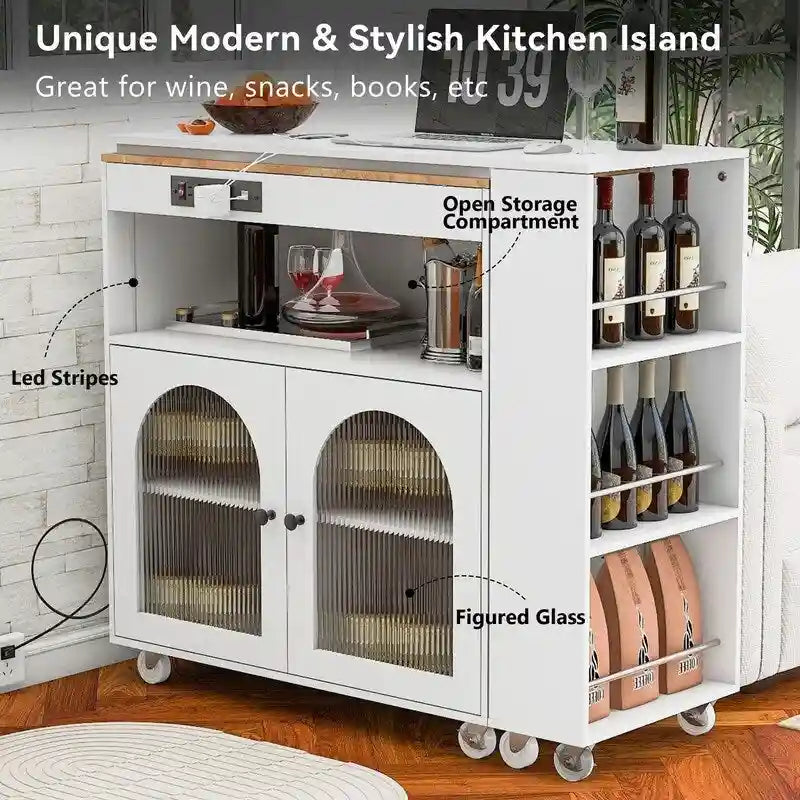 Îlot de cuisine roulant avec table extensible, lumières LED, prises de courant et 2 portes en verre cannelé