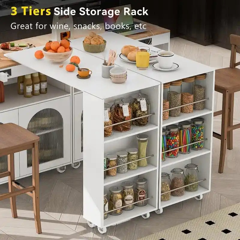 Îlot de cuisine roulant avec table extensible, lumières LED, prises de courant et 2 portes en verre cannelé