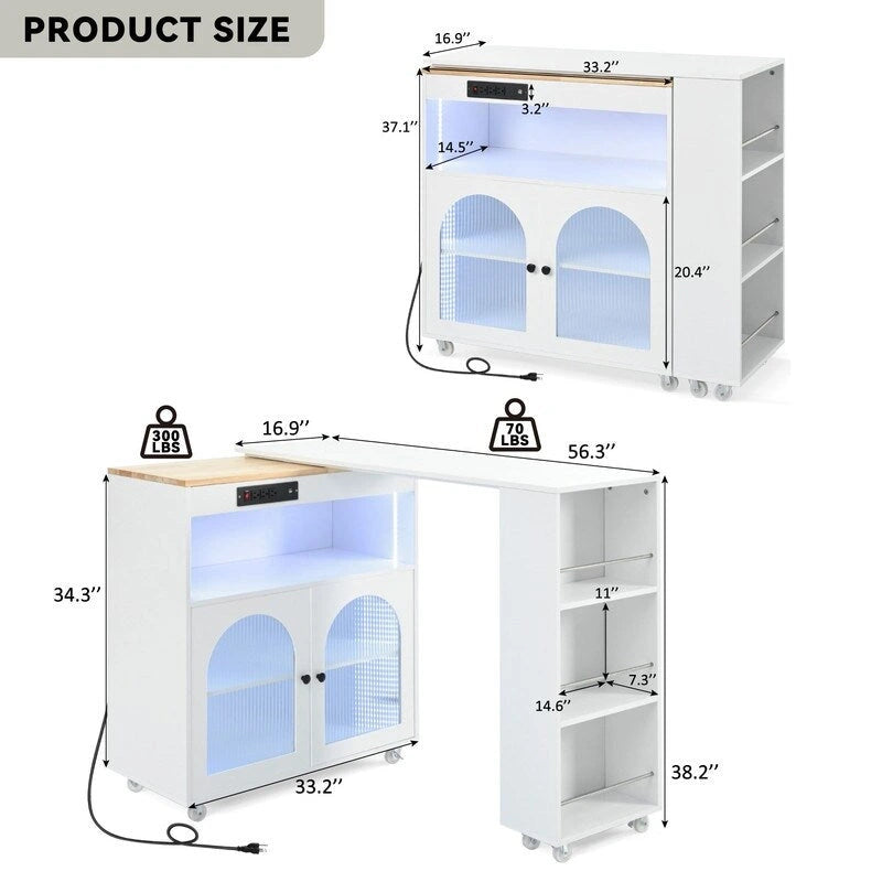 Îlot de cuisine roulant avec table extensible, lumières LED, prises de courant et 2 portes en verre cannelé