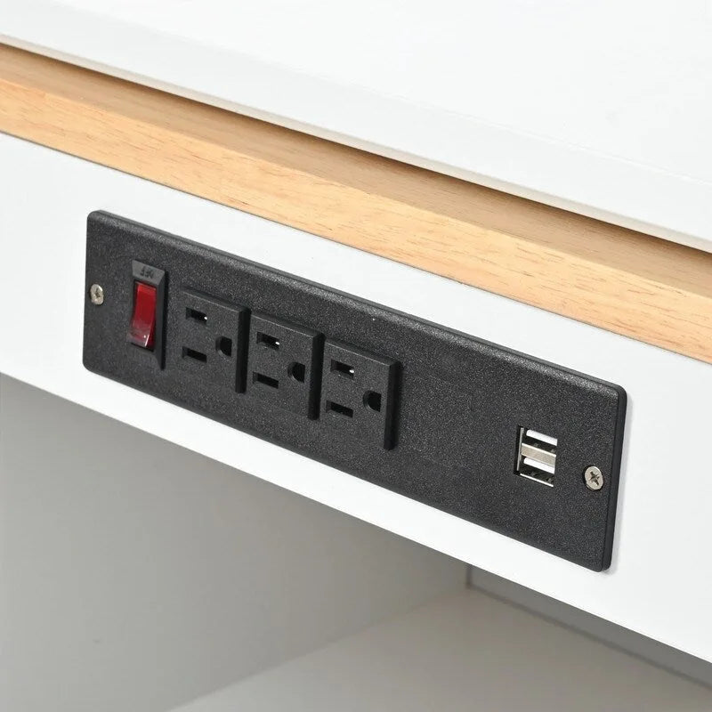 Îlot de cuisine roulant avec table extensible, lumières LED, prises de courant et 2 portes en verre cannelé