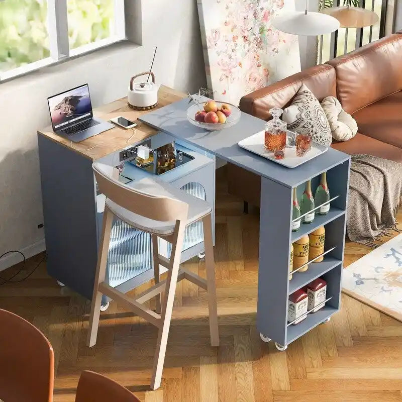 Îlot de cuisine roulant avec table extensible, lumières LED, prises de courant et 2 portes en verre cannelé
