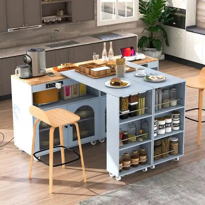 Îlot de cuisine roulant avec table extensible, lumières LED, prises de courant et 2 portes en verre cannelé