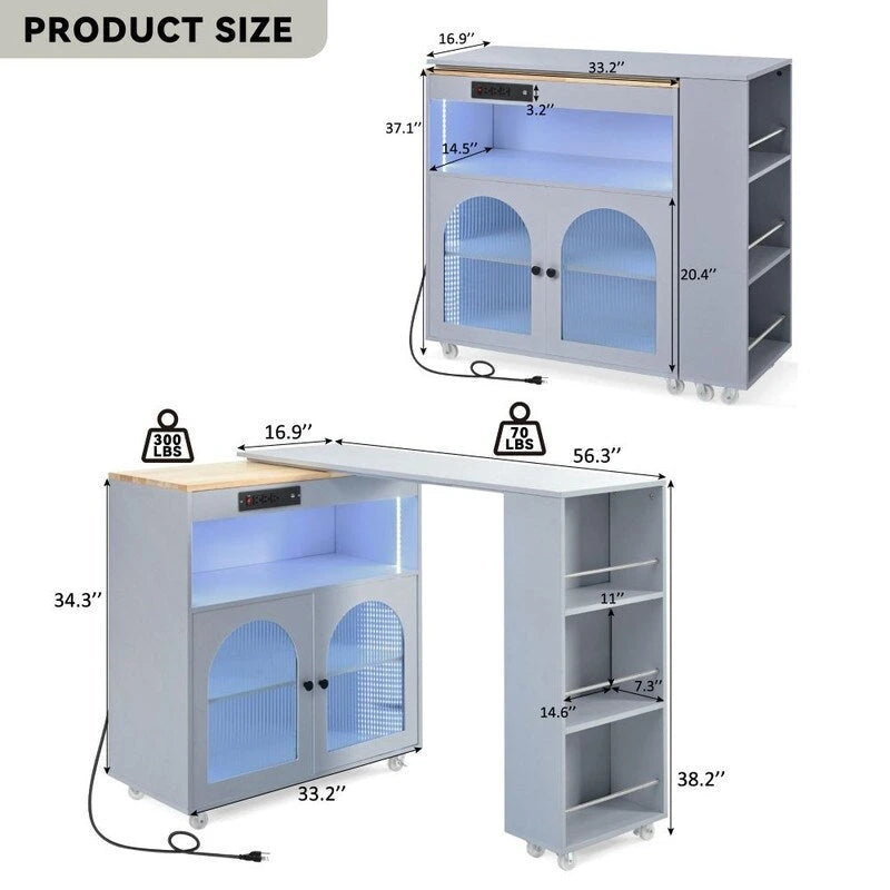 Îlot de cuisine roulant avec table extensible, lumières LED, prises de courant et 2 portes en verre cannelé