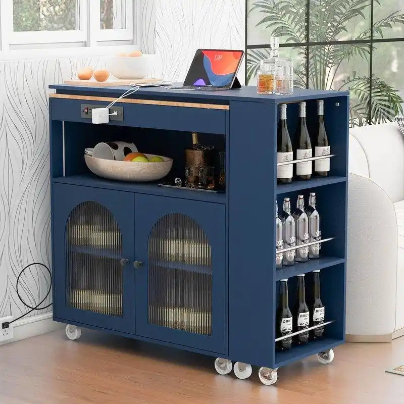 Îlot de cuisine roulant avec table extensible, lumières LED, prises de courant et 2 portes en verre cannelé