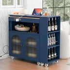 Îlot de cuisine roulant avec table extensible, lumières LED, prises de courant et 2 portes en verre cannelé