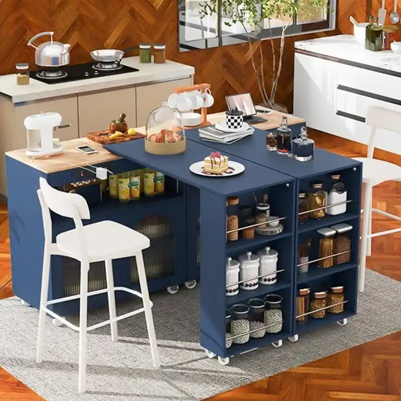 Îlot de cuisine roulant avec table extensible, lumières LED, prises de courant et 2 portes en verre cannelé