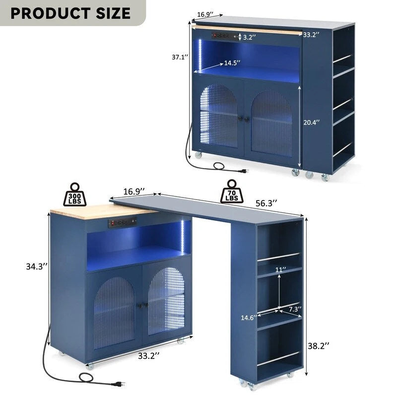Îlot de cuisine roulant avec table extensible, lumières LED, prises de courant et 2 portes en verre cannelé