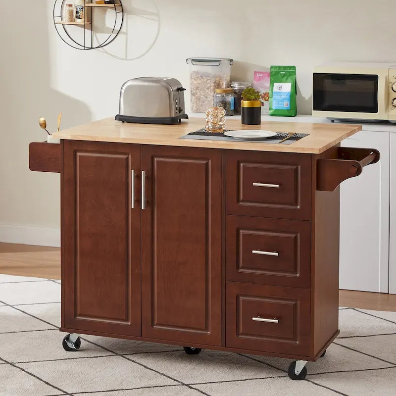 Îlot de cuisine avec comptoir abattant, Desserte de cuisine roulante, Table îlot de cuisine avec porte de grange et armoire de rangement