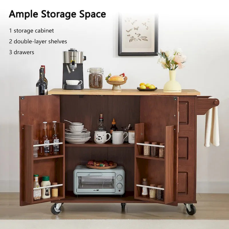 Îlot de cuisine avec comptoir abattant, Desserte de cuisine roulante, Table îlot de cuisine avec porte de grange et armoire de rangement