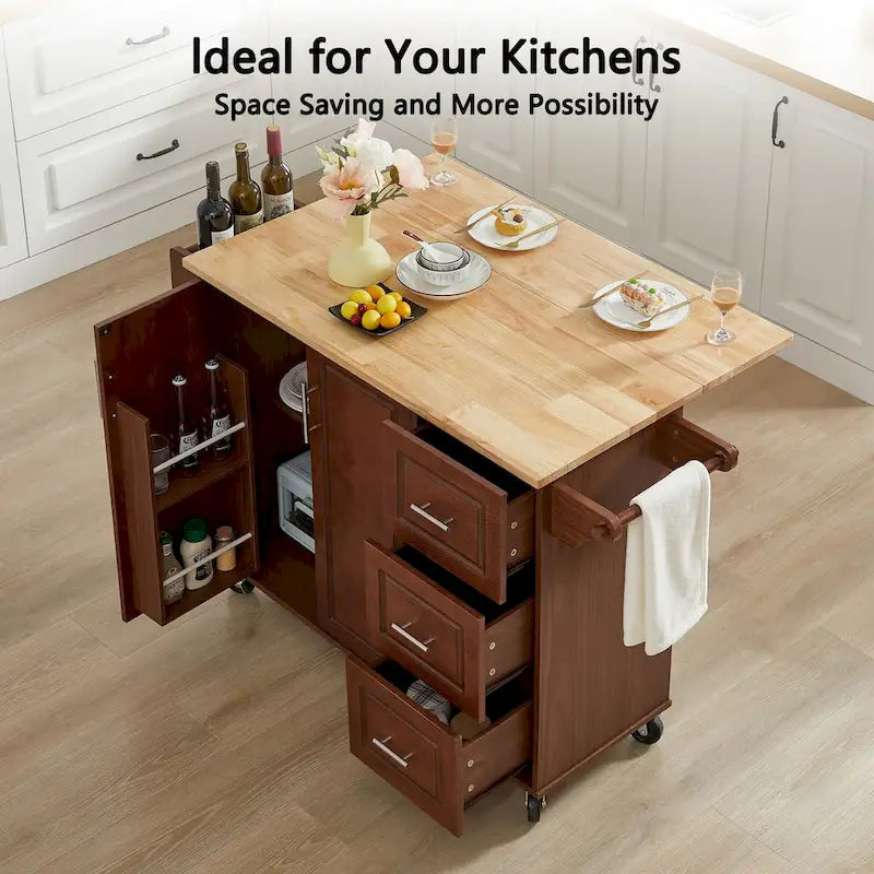 Îlot de cuisine avec comptoir abattant, Desserte de cuisine roulante, Table îlot de cuisine avec porte de grange et armoire de rangement