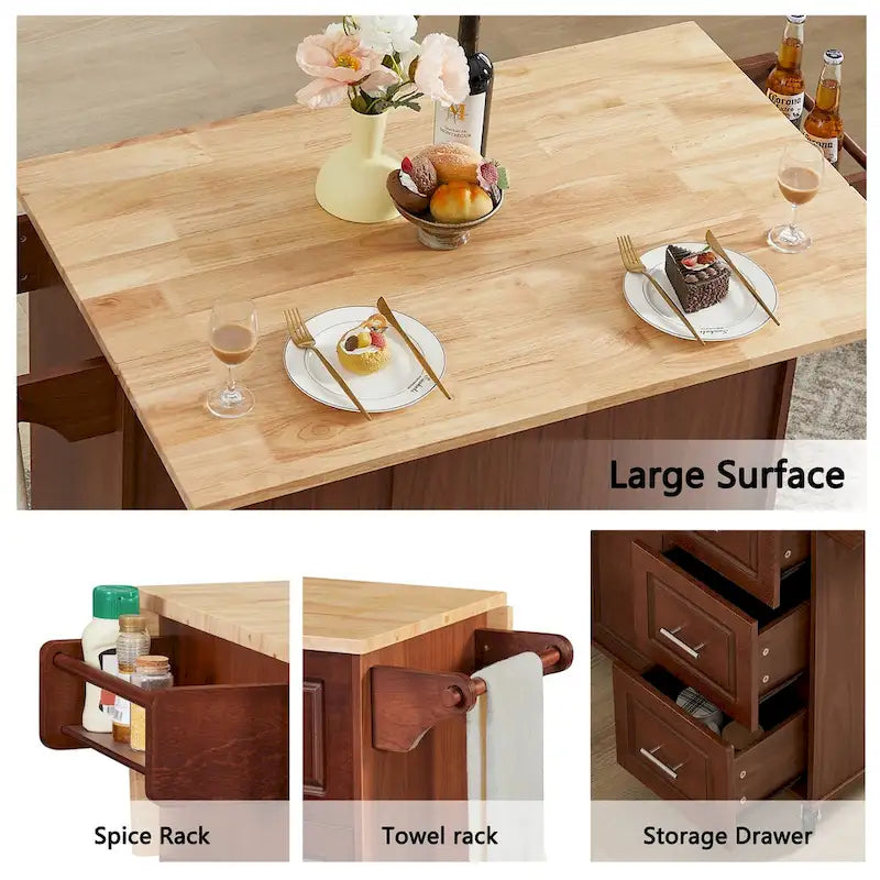 Îlot de cuisine avec comptoir abattant, Desserte de cuisine roulante, Table îlot de cuisine avec porte de grange et armoire de rangement