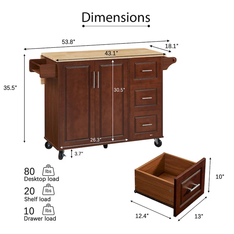 Îlot de cuisine avec comptoir abattant, Desserte de cuisine roulante, Table îlot de cuisine avec porte de grange et armoire de rangement
