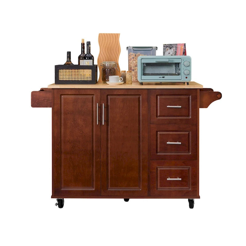 Îlot de cuisine avec comptoir abattant, Desserte de cuisine roulante, Table îlot de cuisine avec porte de grange et armoire de rangement