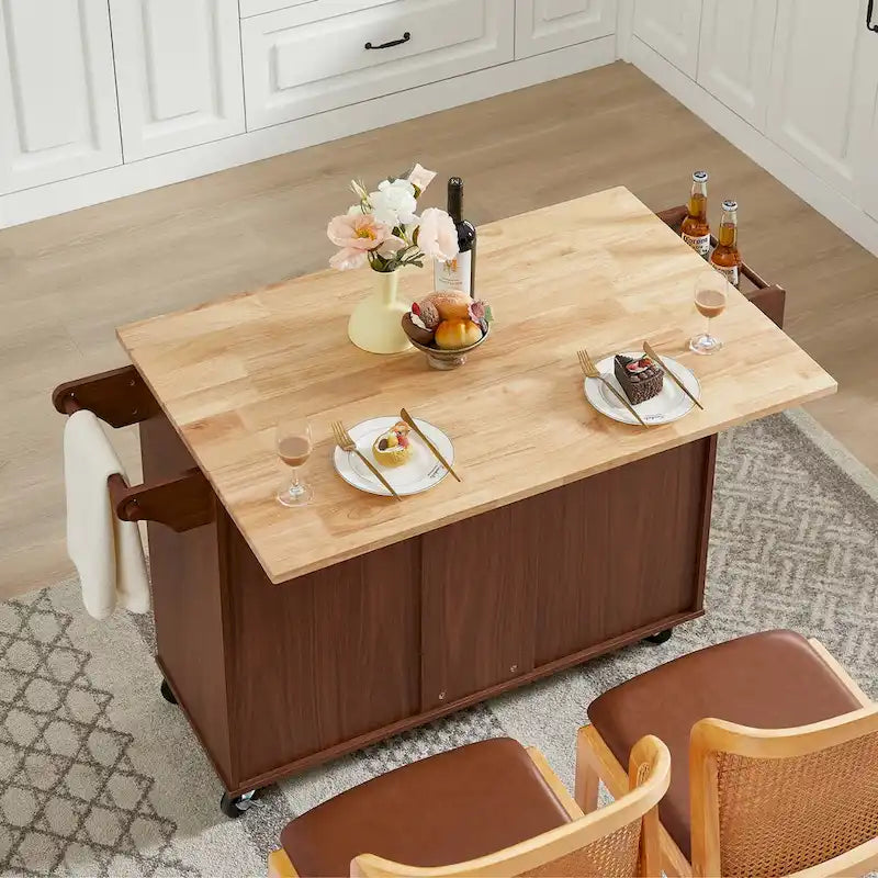 Îlot de cuisine avec comptoir abattant, Desserte de cuisine roulante, Table îlot de cuisine avec porte de grange et armoire de rangement