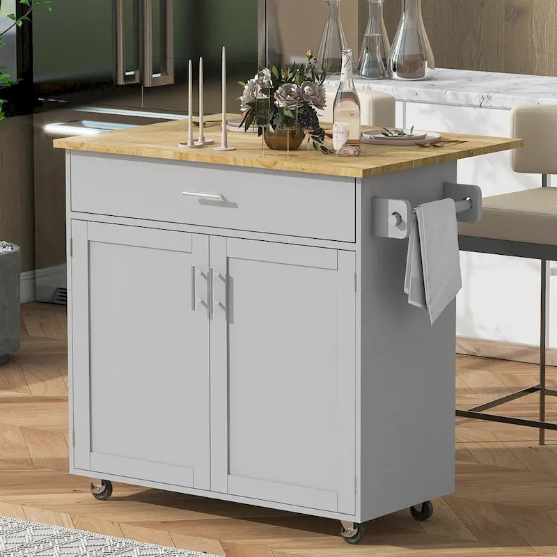 39W Kitchen Island with Storage and Rubber Wood Top - N/A