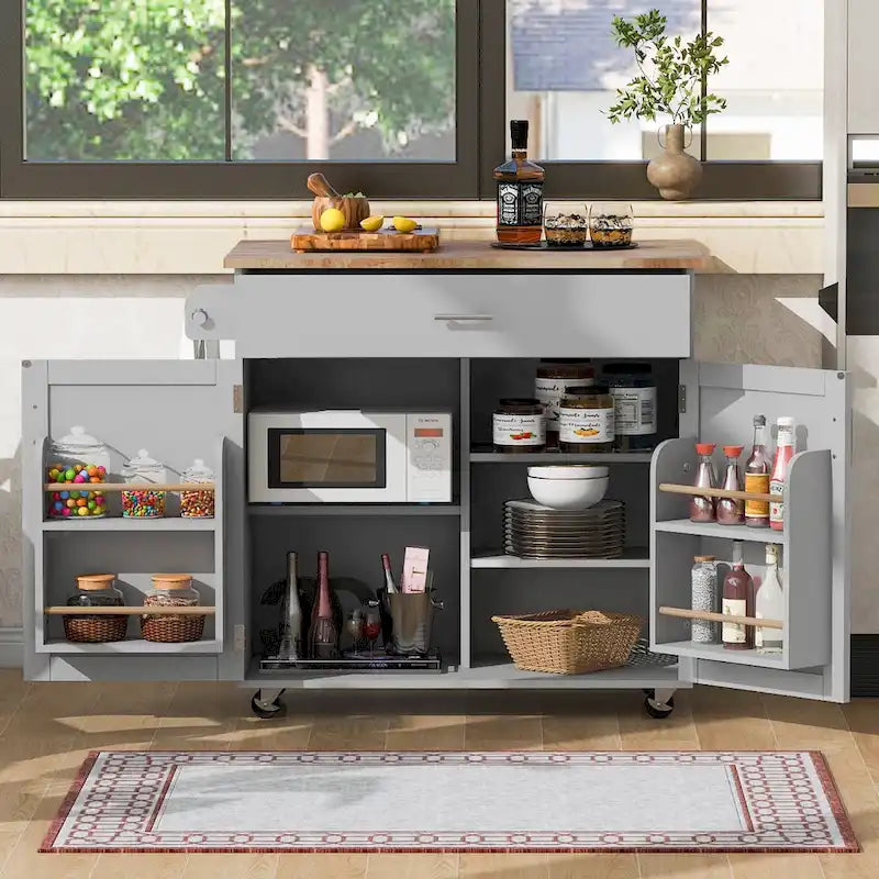 Ilot de cuisine avec rangements et plateau en bois d'hévéa