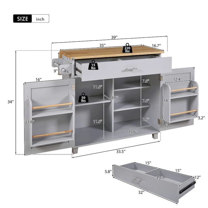 Ilot de cuisine avec rangements et plateau en bois d'hévéa